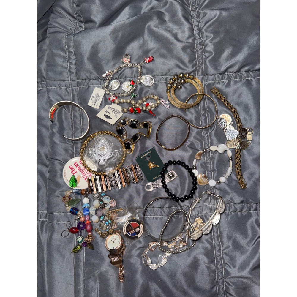 Vintage Jewelry Lot Bracelets Valletta Watch Christmas Charms Pins Mixed Media